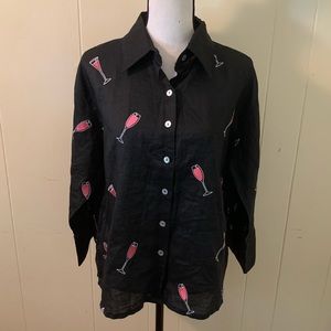 Casey Coleman Novelty Black Linen Button Down Wine Top Medium